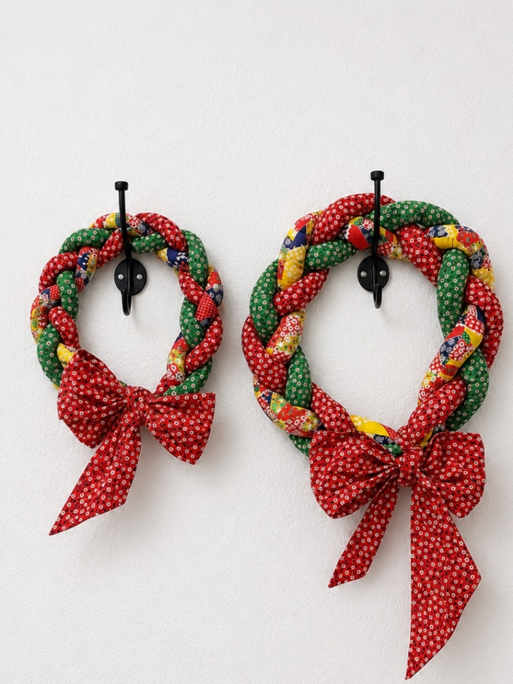 Set of Vintage Large Handmade Quilted Braided Rope Hanging Wreaths w/bow Holiday